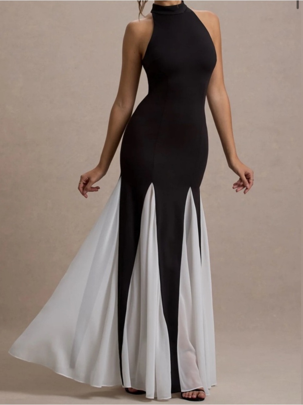 Club L London Black and White High-Neck Maxi Skirt Dress with Contrast Panels - Picture 1 of 3